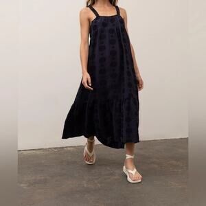Moon River Sleeveless Tiered Midi Dress Polka Dot Navy Blue XS Stretch Boho Fall
